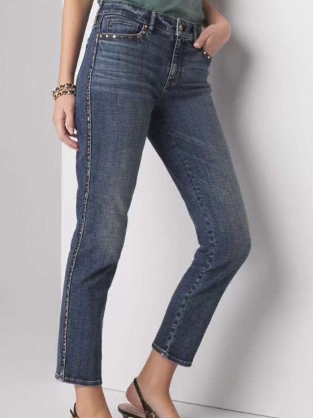 WHBM Mid-Rise Everyday Soft Denim Studded Girlfriend Jeans sz 14 EUC